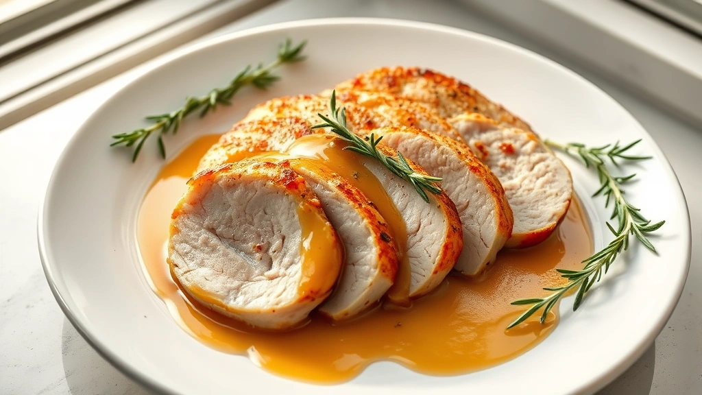 hero: sliced boneless pork loin with golden crust on white plate with pan sauce drizzled over, fresh rosemary and thyme garnish, warm natural window lighting, overhead shot, photorealistic, no text