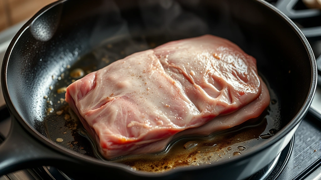 process: raw pork loin being seared in hot cast iron skillet with golden crust forming, professional kitchen lighting, photorealistic, no text