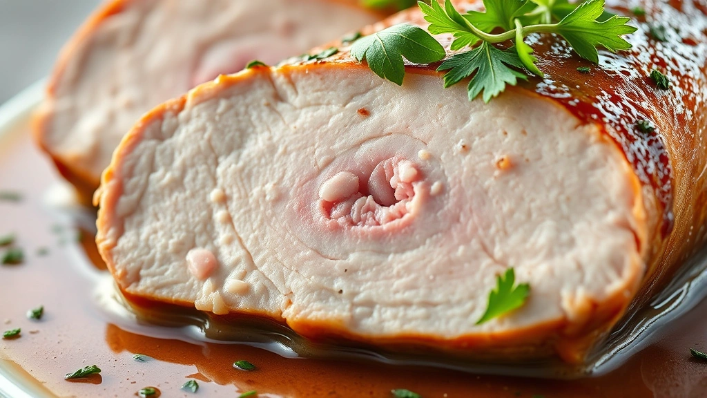 detail: close-up cross-section of sliced pork loin showing pink center, glossy pan sauce, fresh herb garnish, macro photography, natural daylight, photorealistic, no text
