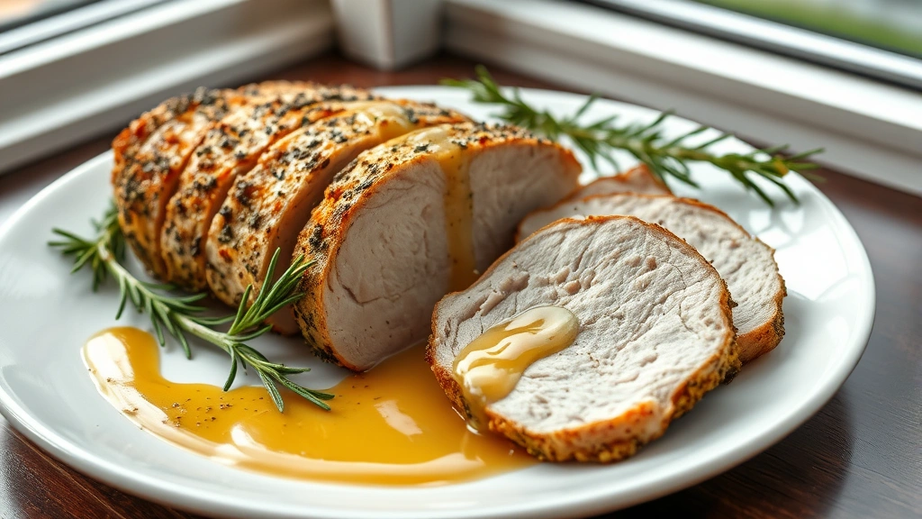 hero: perfectly sliced boneless pork loin roast with golden exterior and herb crust, arranged on white plate with pan sauce drizzled over, fresh rosemary sprigs as garnish, photorealistic, natural window light, no text