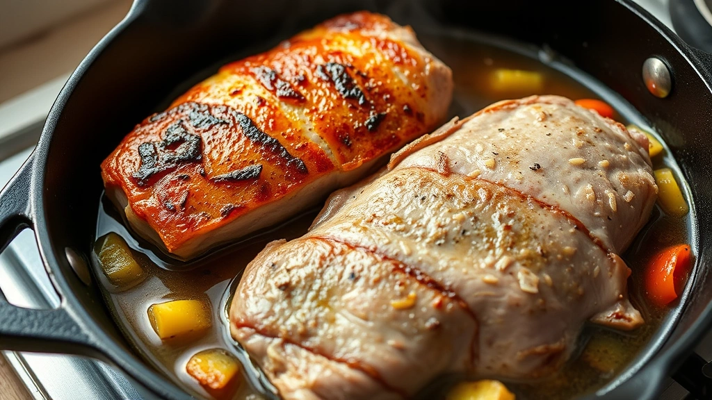 process: cast iron skillet with pork loin being seared, golden brown crust forming, vegetables and broth in pan, steam rising, photorealistic, natural kitchen light, no text