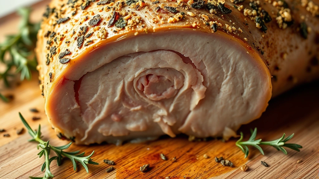 detail: close-up cross-section of sliced pork loin showing juicy interior with slight pink blush, golden herb-crusted exterior, fresh thyme leaves scattered nearby, photorealistic, natural overhead light, no text
