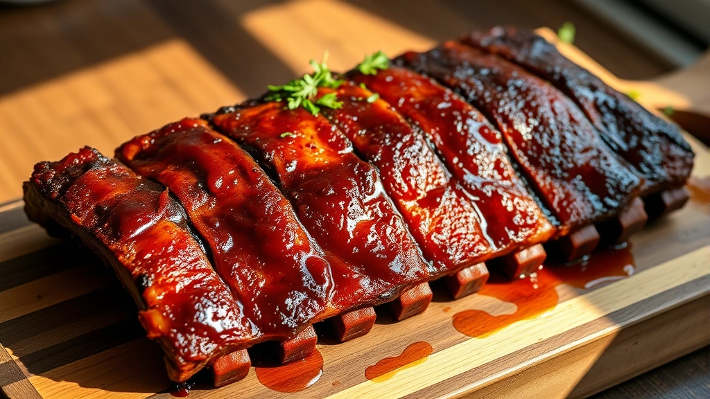 hero: perfectly cooked boneless pork ribs on a wooden cutting board with glossy caramelized glaze, garnished with fresh herbs, natural daylight streaming from the side, warm and inviting