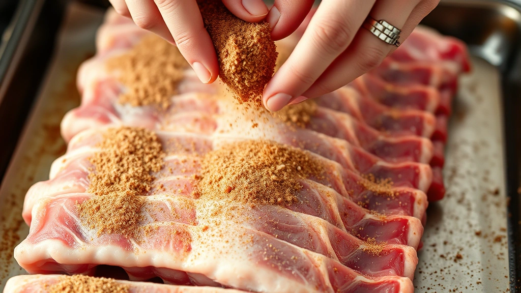 process: hands applying dry rub seasoning to raw boneless pork ribs on a baking sheet, close-up action shot with natural light highlighting the spice mixture