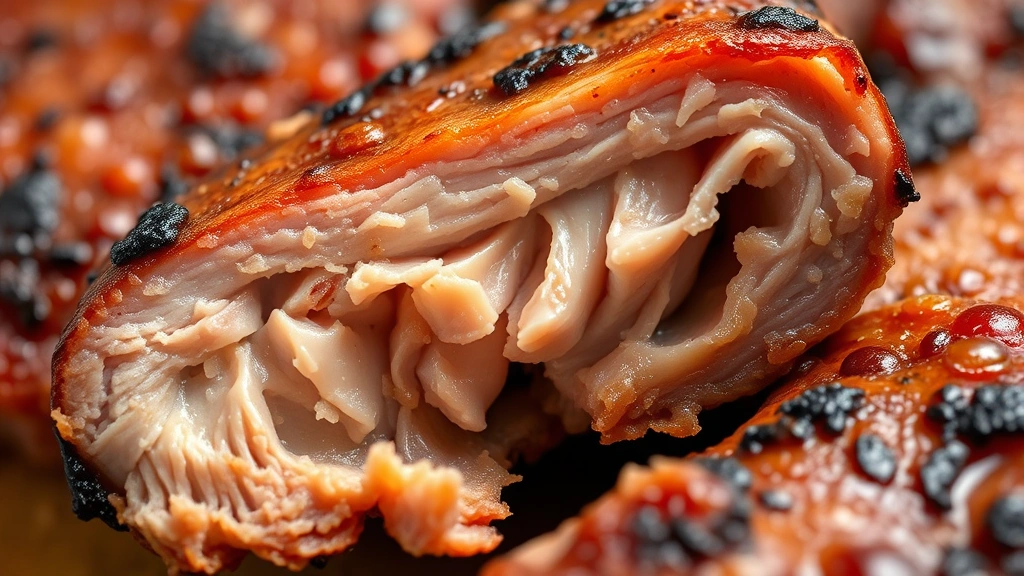 detail: close-up macro shot of a single slice of cooked boneless pork rib showing the tender, juicy interior with caramelized exterior crust, natural daylight emphasizing texture and moisture