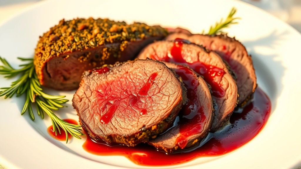 hero: sliced boneless prime rib roast with herb crust and red wine sauce on white plate, photorealistic, golden lighting from the side, garnished with fresh rosemary sprigs, no text