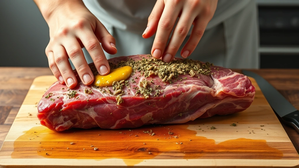 process: hands rubbing mustard-herb mixture onto raw boneless prime rib roast on cutting board, photorealistic, natural kitchen lighting, no text