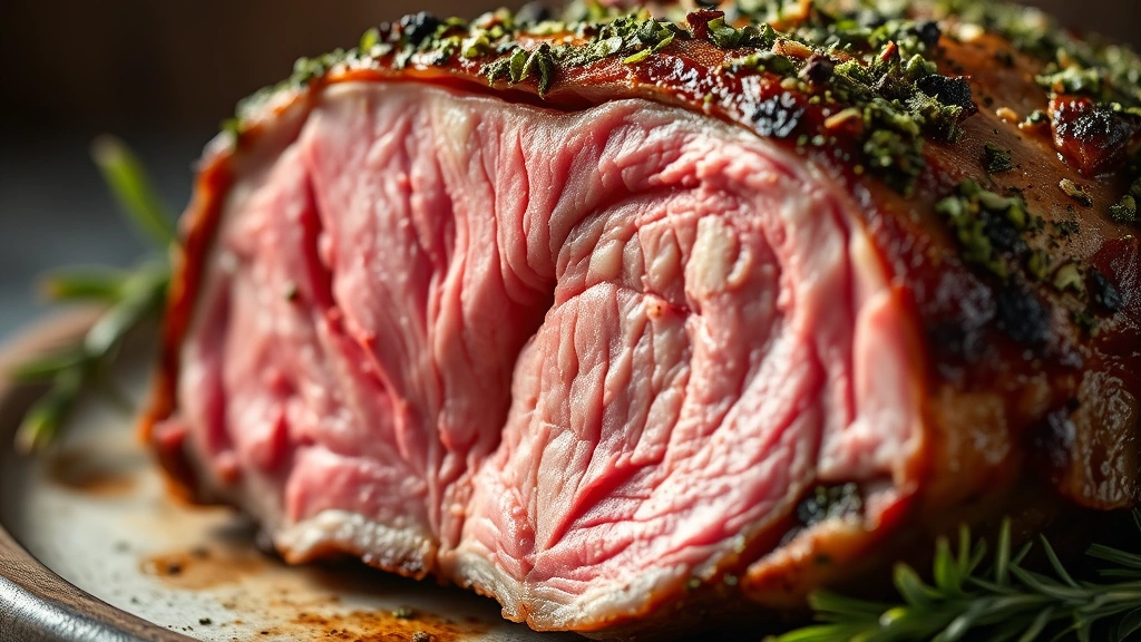 detail: close-up of perfectly cooked boneless prime rib slice showing pink medium-rare interior with herb-crusted golden exterior, photorealistic, warm diffused light, no text