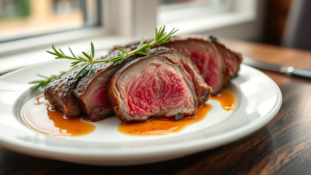 hero: perfectly sliced boneless rib roast on white plate with pan sauce drizzle, medium-rare pink center, steakhouse plating, natural window light, shallow depth of field, garnished with fresh rosemary sprig