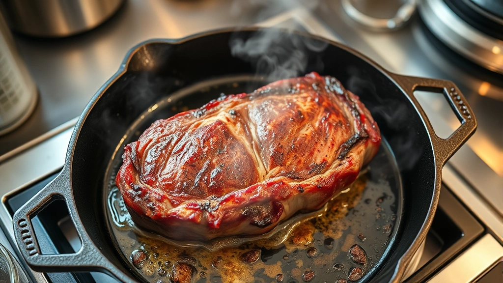process: cast iron skillet with rib roast being seared, deep brown crust forming, oil shimmering, steam rising, vibrant kitchen lighting, overhead angle