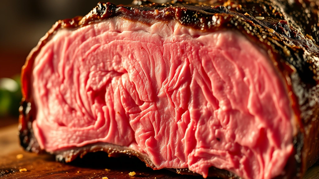 detail: close-up cross-section of sliced rib roast showing perfect medium-rare pink center with no gray band, beautiful marbling, warm golden lighting, macro photography