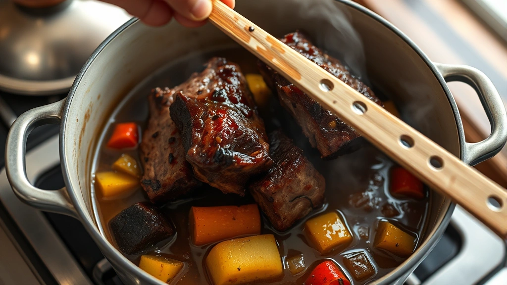 process: Dutch oven with seared short ribs being added to aromatic braising liquid with vegetables and wine, photorealistic, natural light, no text