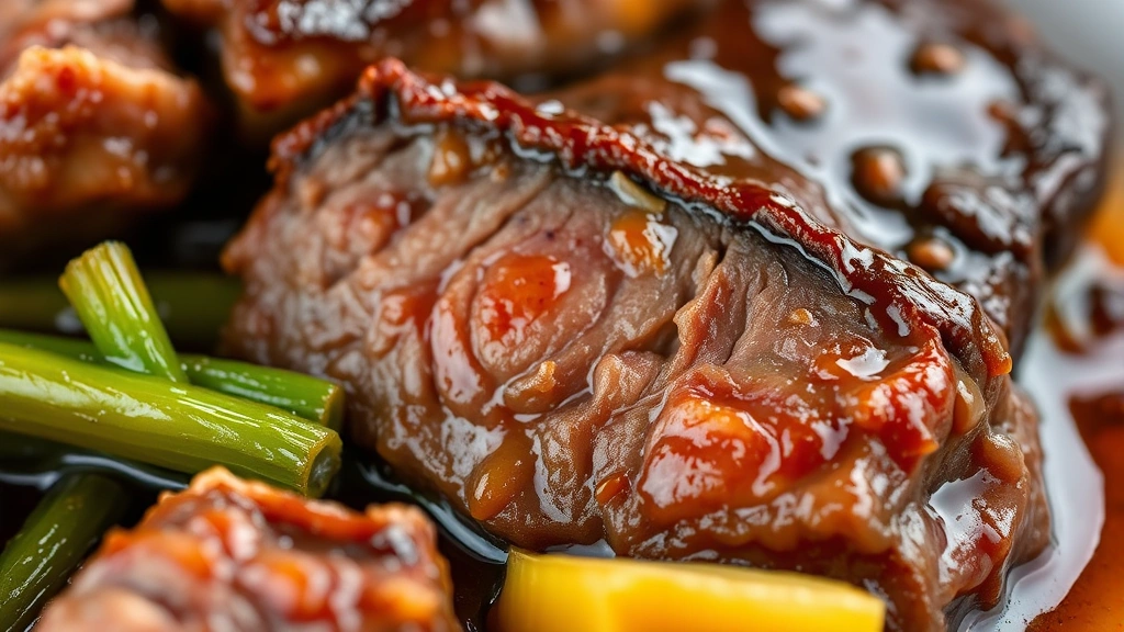 detail: close-up of perfectly braised boneless short rib showing tender meat texture with glossy sauce and vegetables, photorealistic, natural light, no text