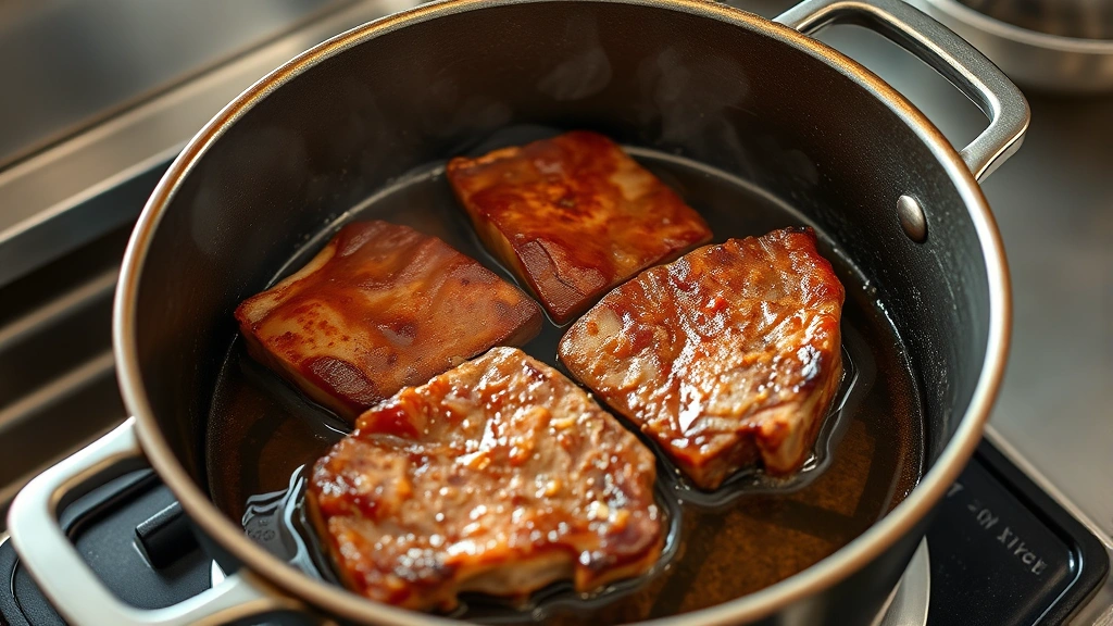 process: Dutch oven with boneless short ribs searing in hot oil, golden brown crust forming, professional kitchen setting, photorealistic, natural light, no text