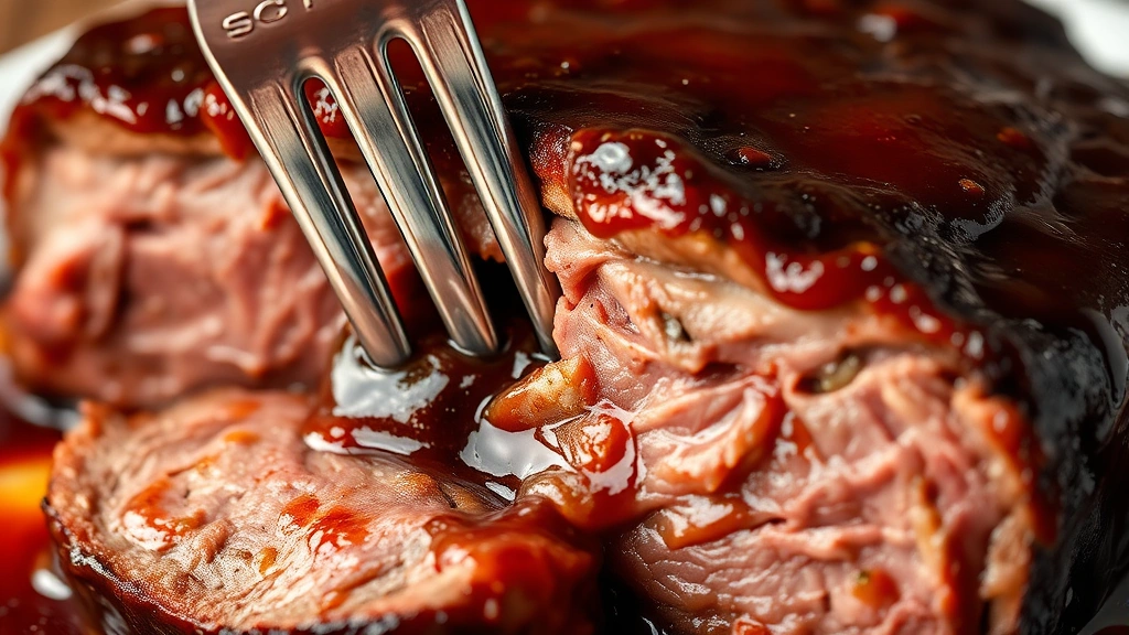 detail: close-up of fork cutting through tender boneless short rib meat, showing the juicy interior and rich red wine sauce coating, photorealistic, natural light, no text