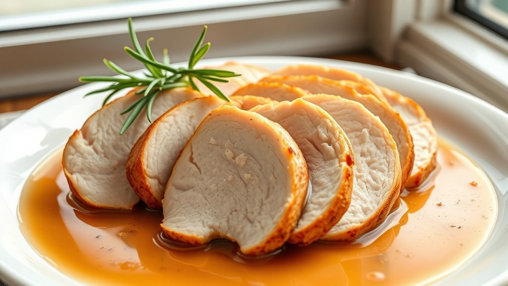 hero: sliced boneless turkey breast on white plate with pan sauce and fresh rosemary garnish, photorealistic, natural window light, no text