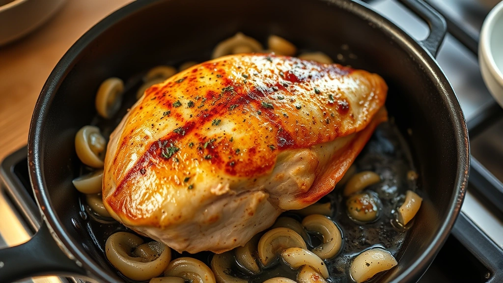 process: golden-brown turkey breast searing in cast iron skillet with onions and herbs, photorealistic, warm kitchen lighting, no text