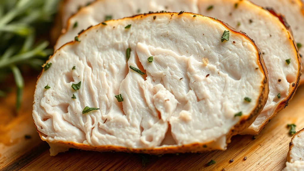 detail: close-up cross-section of sliced turkey breast showing moisture and tenderness with herb coating, photorealistic, natural light, no text