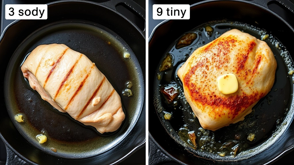 process: turkey breast searing in cast iron skillet with butter and garlic, golden crust forming, photorealistic, natural kitchen light, no text