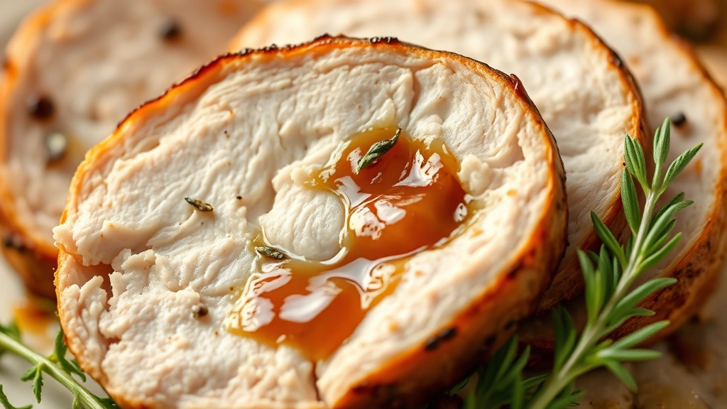 detail: close-up of perfectly cooked turkey breast slice showing juicy interior with herb garnish, photorealistic, natural light, no text