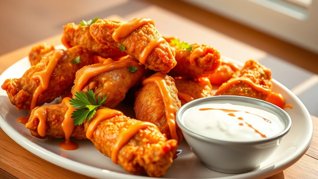 hero: golden crispy boneless chicken wings piled on a white plate with buffalo sauce drizzle and ranch dip on the side, garnished with fresh parsley, photorealistic, natural daylight streaming in, no text