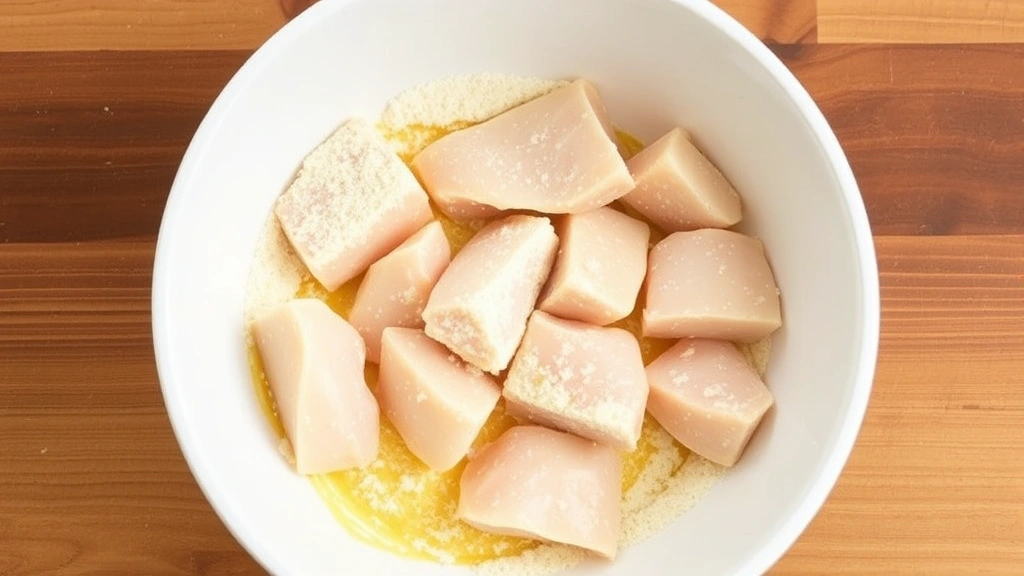 process: boneless chicken pieces being dredged in golden flour mixture in a shallow white bowl, showing the coating technique, photorealistic, natural light, no text