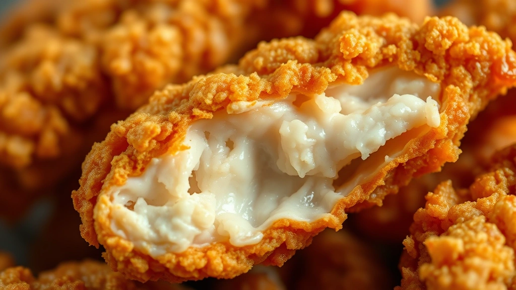 detail: close-up macro shot of a single crispy golden boneless wing showing the craggy, textured fried exterior and juicy tender chicken inside, photorealistic, natural light, no text