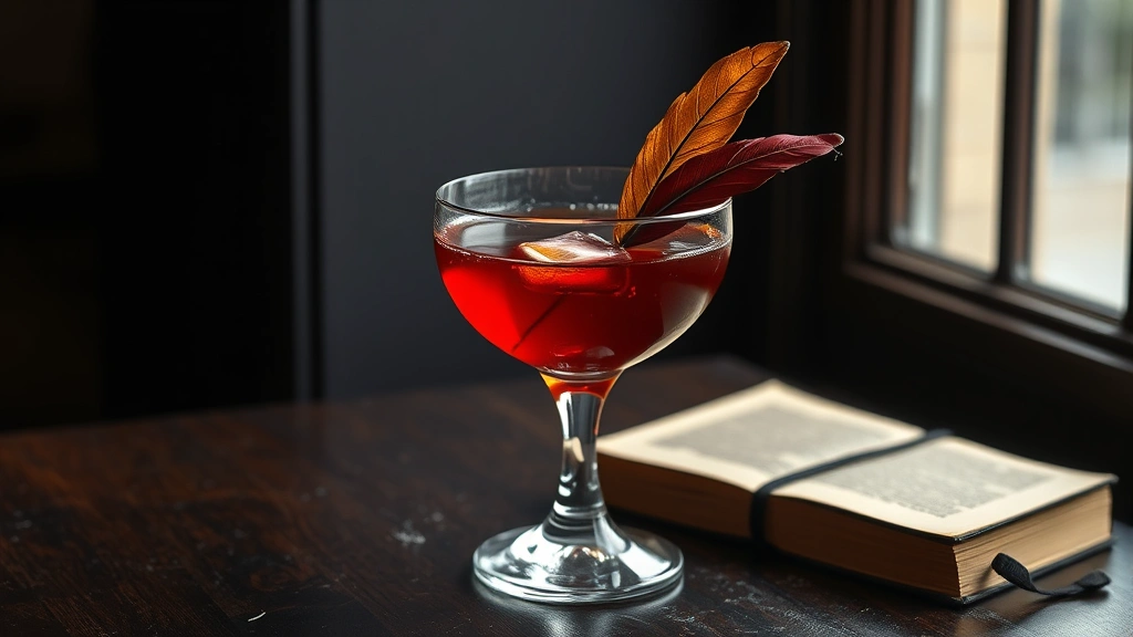 hero: Book and Quill cocktail in coupe glass, perfectly layered brown and ruby red liqueurs, edible gold leaf garnish, quill feather garnish, soft natural window light, dark moody background, photorealistic, no text
