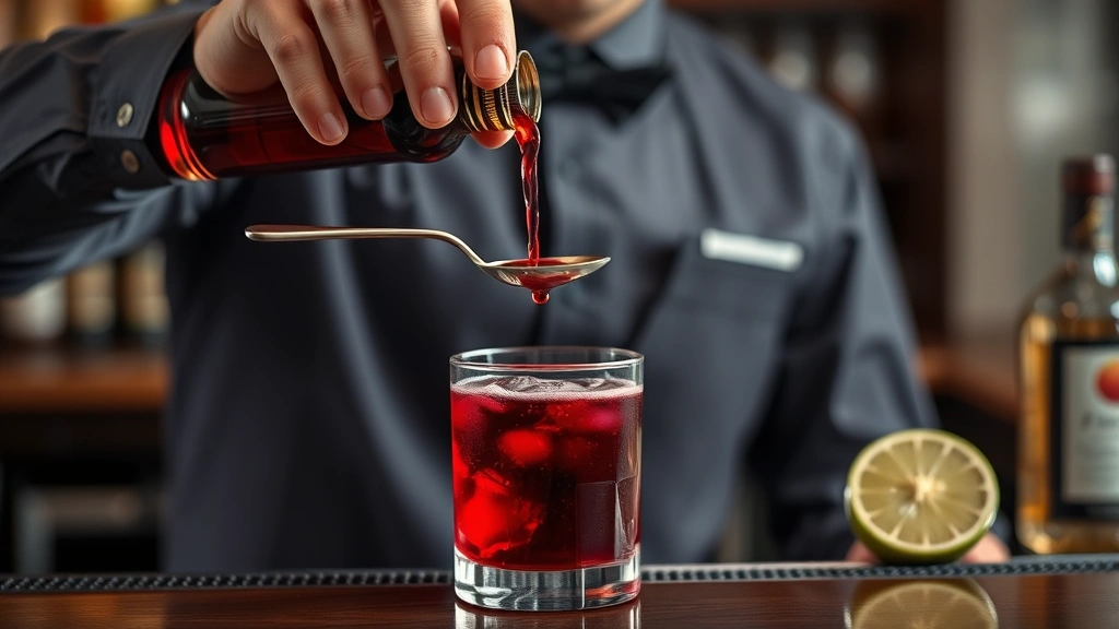 process: bartender carefully pouring Chambord over bar spoon into layered cocktail, focused concentration, professional bar setup, natural light, photorealistic, no text