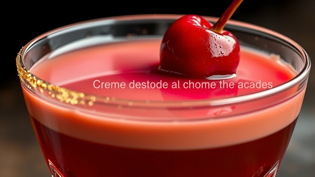 detail: extreme close-up of layered cocktail showing distinct color separation between Crème de Cacao and Chambord, cherry garnish at rim, gold shimmer dust visible, photorealistic, no text