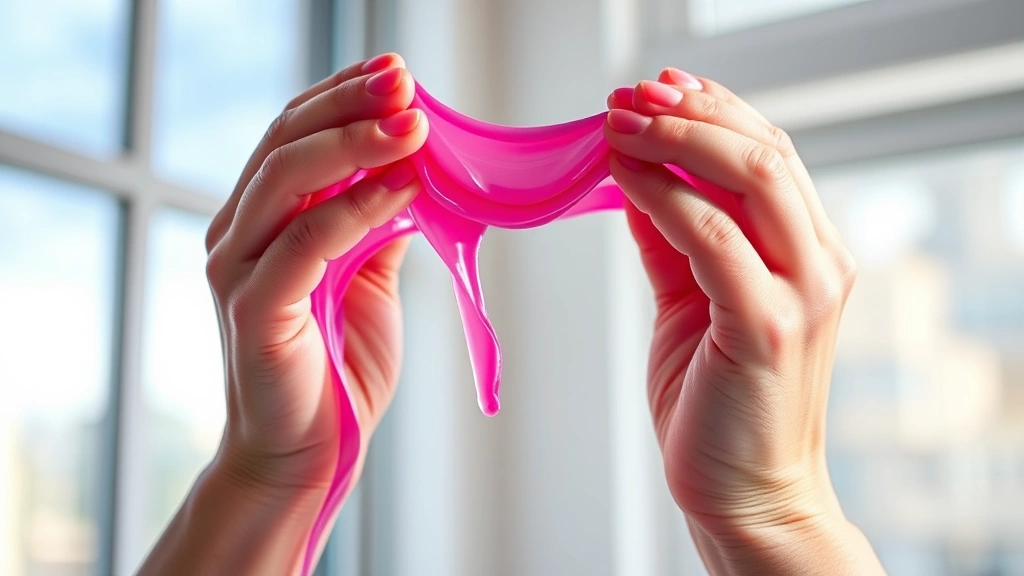 hero: colorful stretchy slime being pulled and stretched in hands, vibrant colors like pink and purple, photorealistic, natural window lighting, close focus on texture and shine, no text