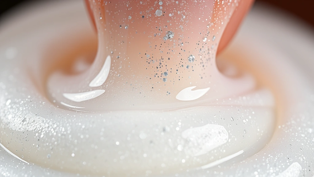 detail: close-up macro shot of glistening slime with glitter mixed throughout, stretching between fingers showing texture, photorealistic, soft natural light highlighting shimmer, no text