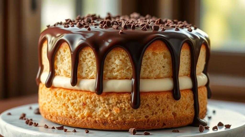 hero: Boston cream cake with two vanilla cake layers, thick pastry cream filling visible, glossy chocolate ganache on top dripping down sides, garnished with chocolate shavings, photorealistic, natural window light, no text, professional bakery style