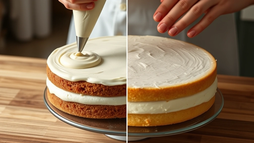 process: hands piping pastry cream onto first cake layer using piping bag, second cake layer ready to place on top, photorealistic, natural kitchen light, no text