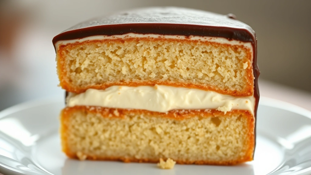 detail: close-up cross-section of boston cream cake showing all three layers clearly, pastry cream in center, chocolate ganache on top, photorealistic, natural light, no text