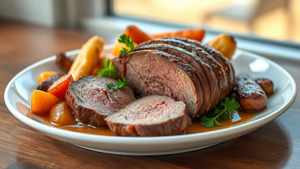 hero: perfectly sliced bottom roast on white plate with roasted vegetables and gravy, photorealistic, warm natural window light, garnished with fresh parsley, no text