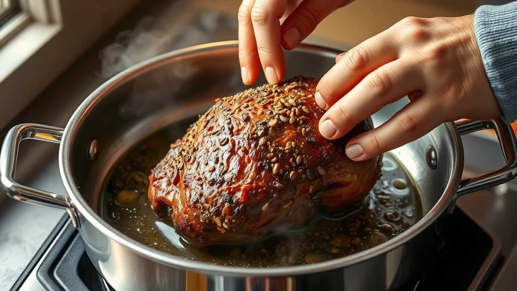 process: hands placing seasoned roast into sizzling hot oil in stainless steel roasting pan, photorealistic, clear natural light, steam rising, no text