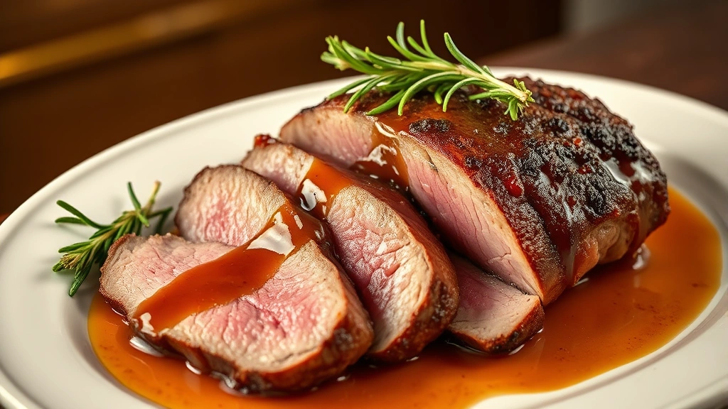 hero: perfectly sliced bottom round roast on white platter with pan sauce drizzled on top, garnished with fresh rosemary and thyme sprigs, warm golden lighting, elegant presentation, no text