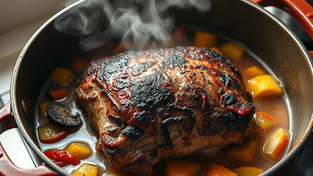 process: seared beef roast developing dark golden crust in Dutch oven with vegetables and braising liquid, steam rising, natural kitchen lighting, action shot, no text