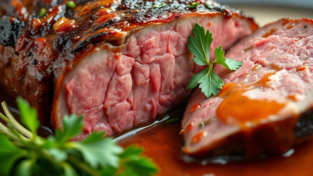 detail: close-up cross-section of sliced roast showing tender pink interior and caramelized exterior, glossy pan sauce, fresh herb garnish, macro photography, no text