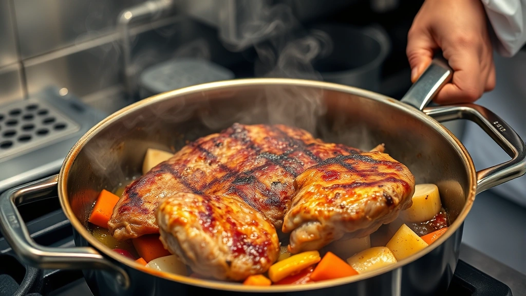 process: chef searing golden-brown beef roast in Dutch oven, vegetables and garlic visible, steam rising, professional kitchen lighting, photorealistic, no text