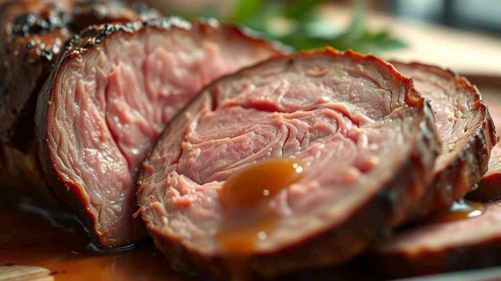 detail: close-up cross-section of sliced roast showing pink tender interior, glistening with gravy, shallow depth of field, warm natural light, photorealistic, no text