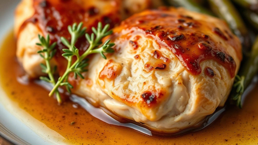 detail: close-up of bourbon chicken with sauce pooling around tender chicken breast, fresh thyme garnish, photorealistic, natural light, no text, macro photography