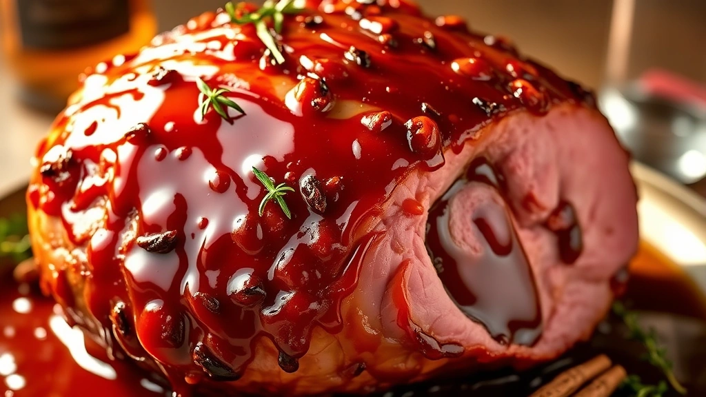 hero: beautiful glazed ham with bourbon glaze, caramelized and glossy, garnished with fresh thyme and cloves, warm golden lighting, no text, professional food photography