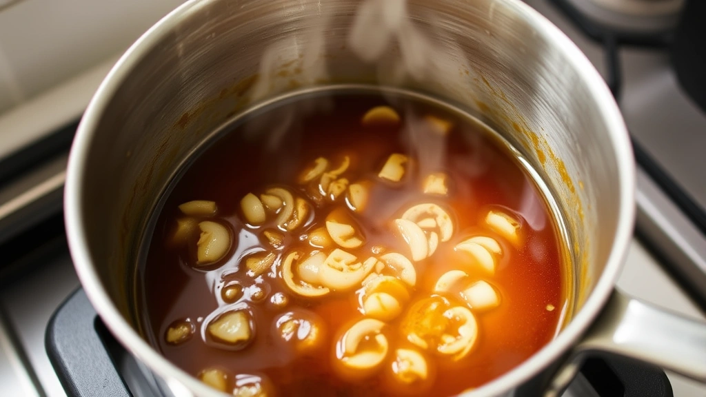 process: saucepan with bourbon glaze being prepared, golden liquid reducing with onions and garlic visible, steam rising, natural kitchen lighting, no text