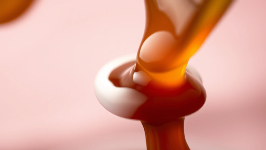 detail: close-up of bourbon glaze texture, glossy and syrupy, dripping from a brush or spoon, rich amber color, shallow depth of field, no text