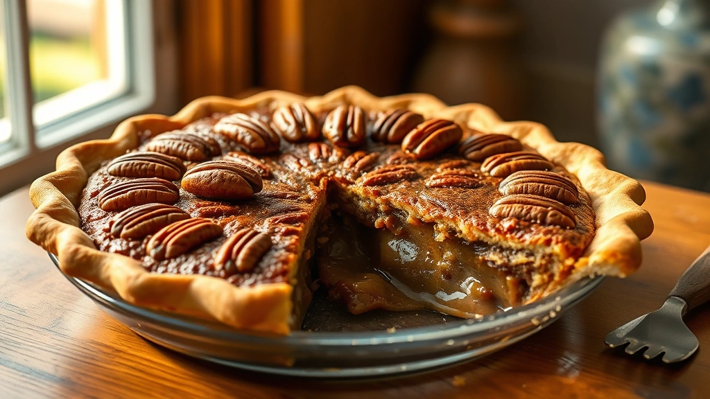 hero: golden bourbon pecan pie with decorative pecan halves on top, slice removed showing gooey filling, warm afternoon light through window, wooden table, photorealistic, no text