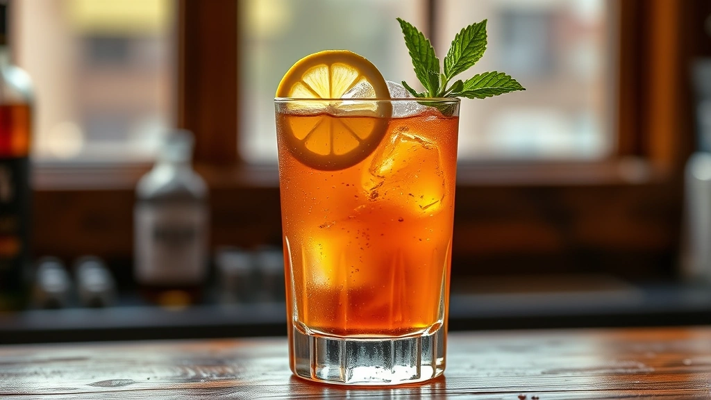 hero: bourbon smash cocktail in rocks glass with fresh mint sprig and lemon wheel garnish, amber liquid, crushed ice, natural window light, wooden bar background, no text