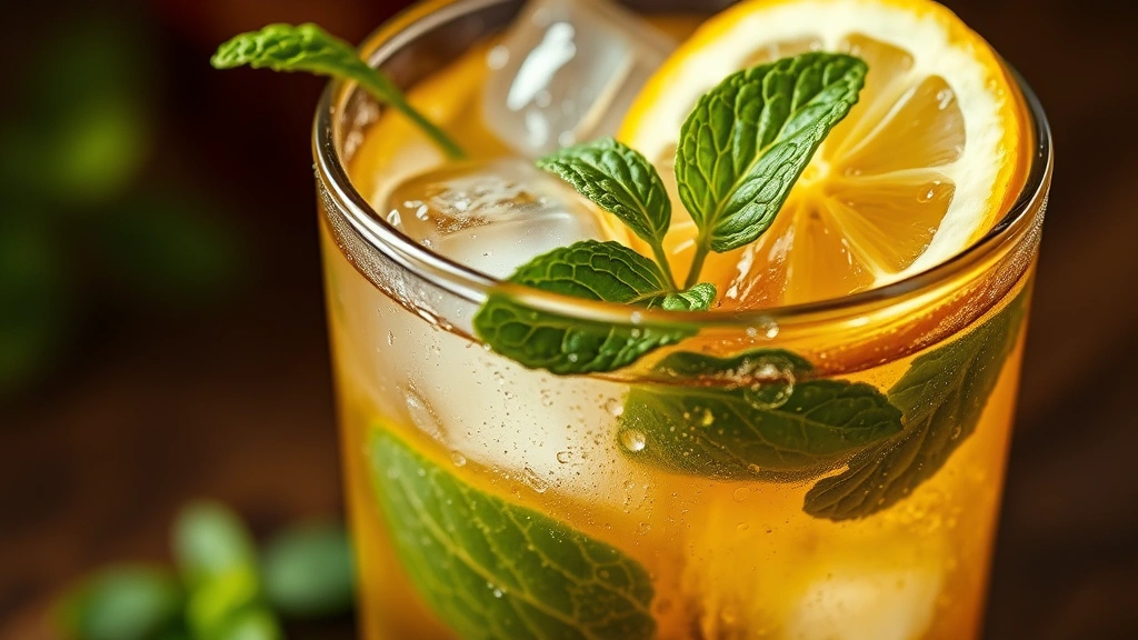 detail: close-up of bourbon smash cocktail showing condensation on glass, mint leaves floating, ice cubes, lemon wheel garnish, shallow depth of field, natural light, no text