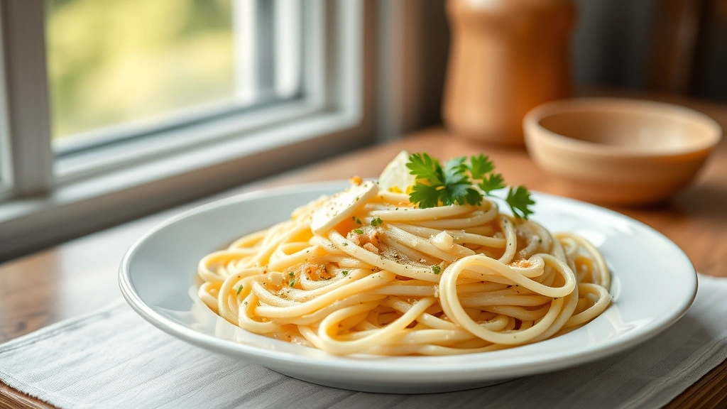 hero: creamy Boursin cheese pasta on white plate, fresh parsley garnish, lemon zest, soft natural window light, warm inviting aesthetic, photorealistic, no text, shallow depth of field